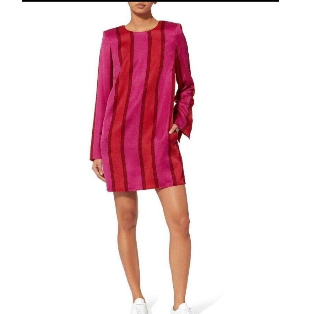 Maggie‎ Marilyn Pink Red Striped Mini Shift Dress Long Sleeve US 8 New Zealand